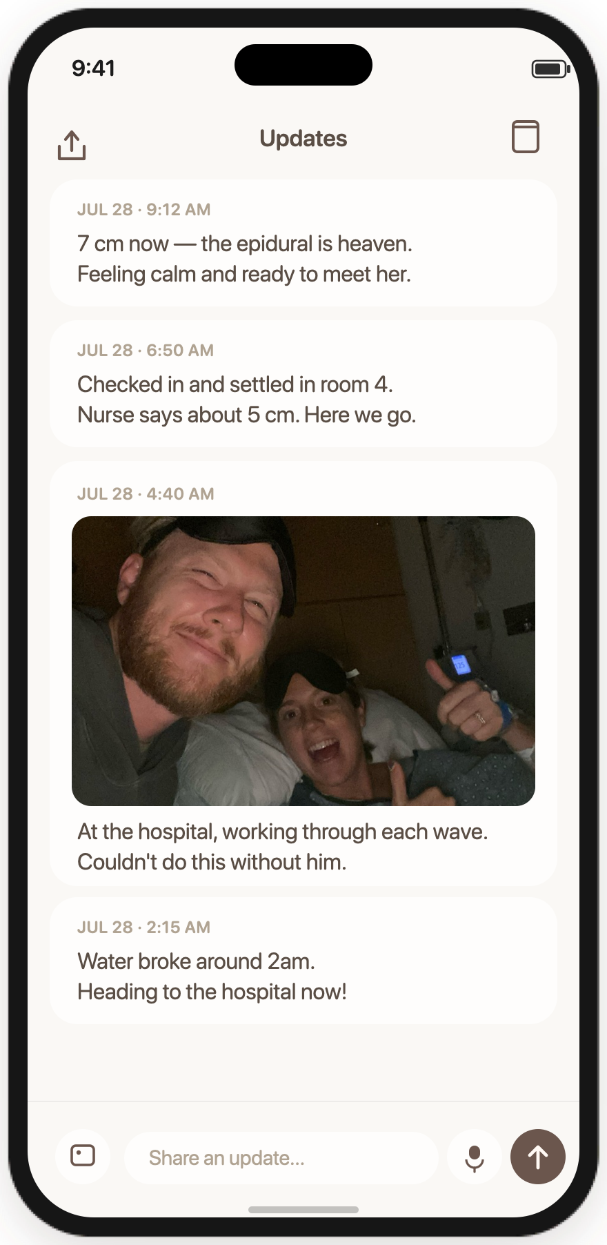 Tide app — shared labor updates feed